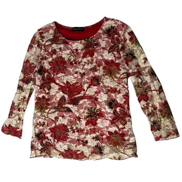 Y2K Vintage‎ Brittany Black Women's L Floral All Over Top Lace Mesh Red White - Picture 1 of 8